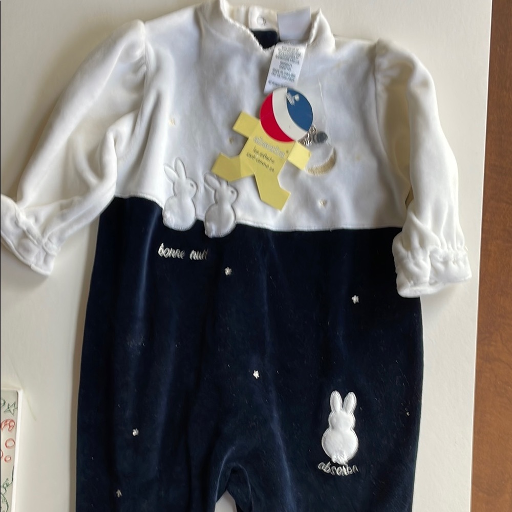 Absorba 9 month White and Navy Bodysuit bunny rabbit snaps stretch velor footed